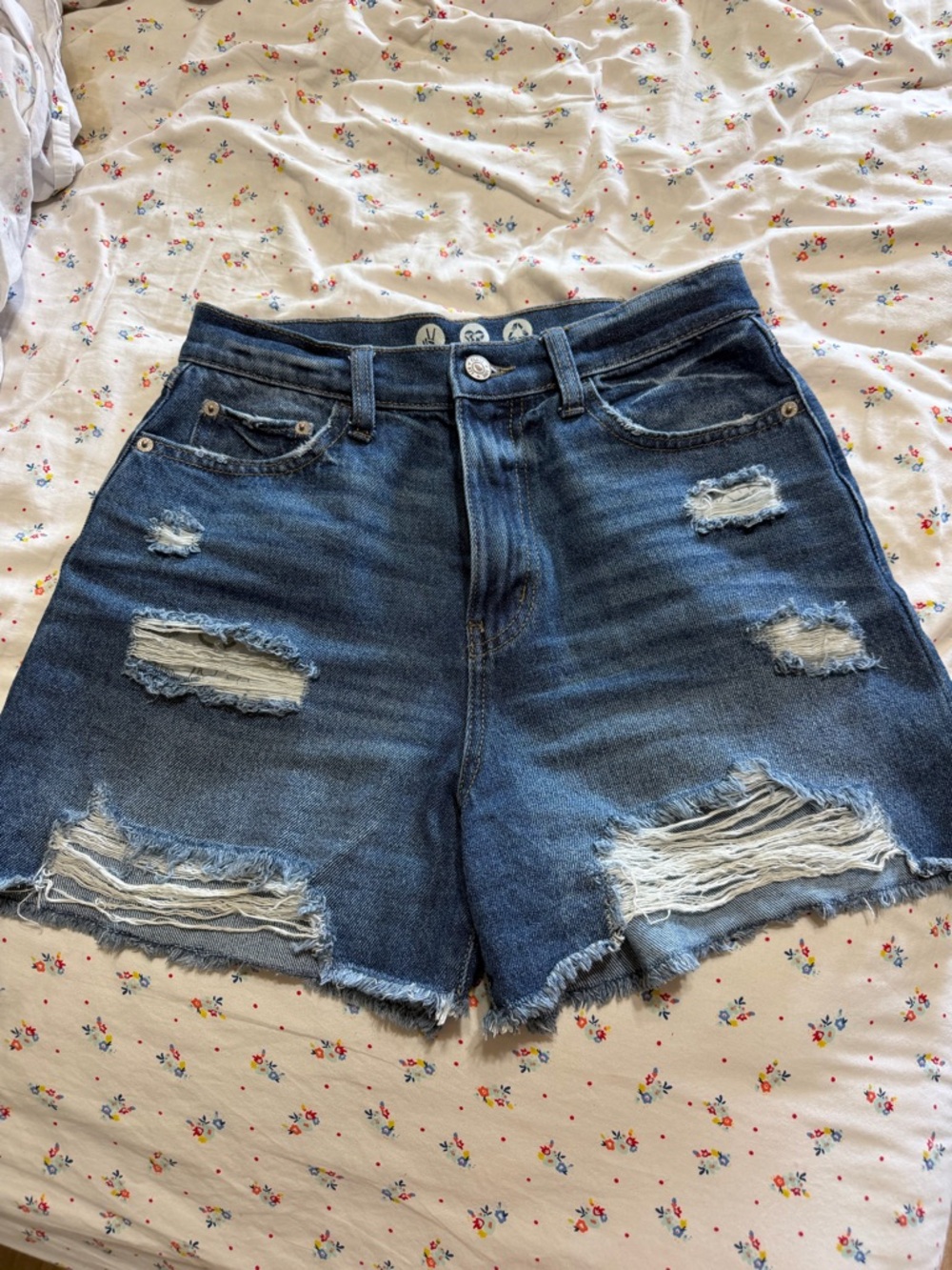 Rewash Distressed High-Rise Denim Shorts - Dark Blue